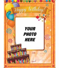 Birthday card with orange background and funny drawings to be customized