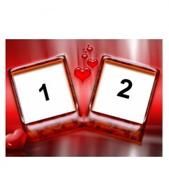 Frame for two photos with red background and hearts. Ideal for lovers on