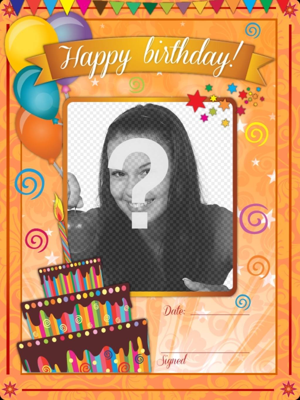 Birthday card with orange background and funny drawings to be customized..